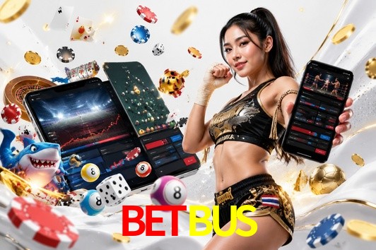 Escena dinámica inspirada en casino con iluminación BETBUS, cartas, fichas e íconos de juegos digitales en un espacio moderno de juegos.