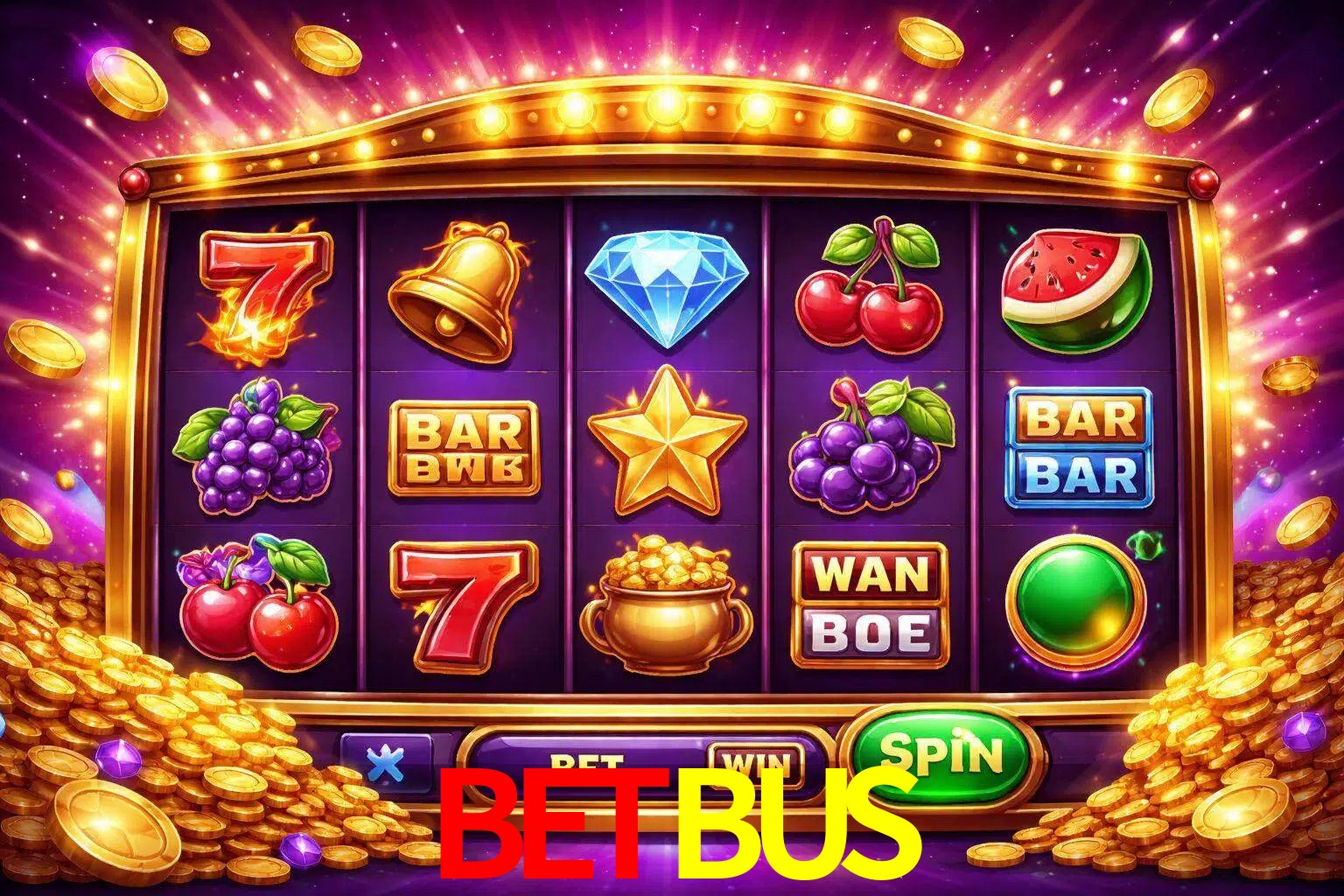 Una interfaz colorida de tragamonedas en línea con símbolos brillantes, monedas y un efecto de victoria celebratoria en BETBUS.