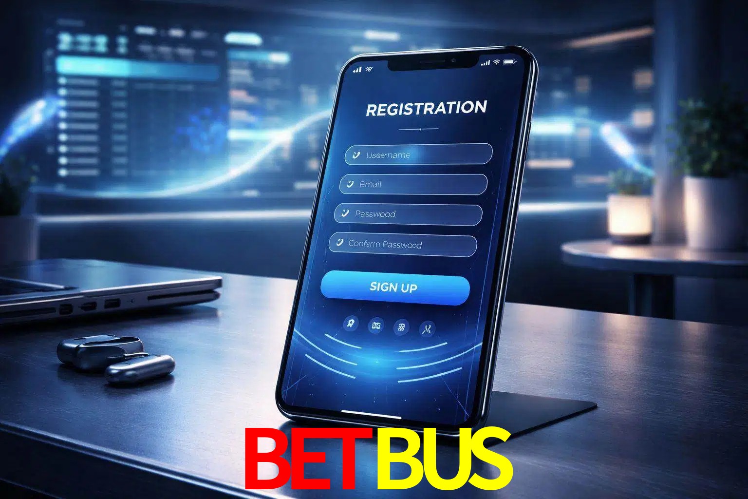 Una interfaz moderna de registro móvil para BETBUS mostrada en un smartphone con un panel de apuestas elegante.